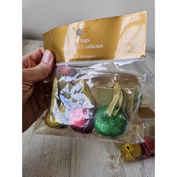 Pier 1 Bell gift tag set glitter unique present gold red green - Picture 3 of 4